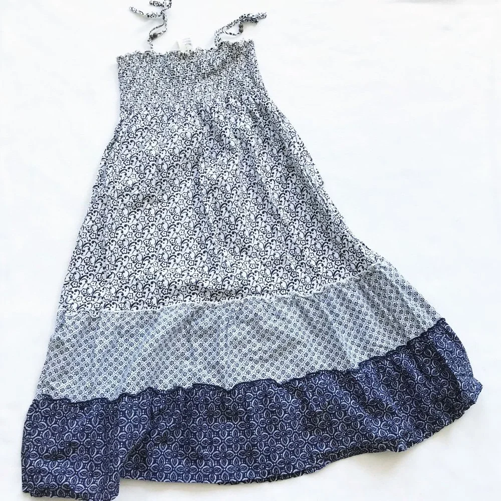 Oshkosh Ruched Tiered Dress Floral Print Blue Tie Girls 7 Kids Summer New